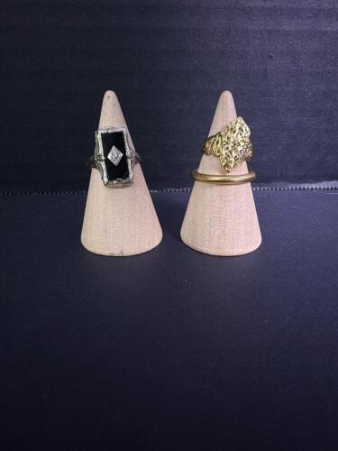 14K Gold Band and 14K Filigree Ring with Black Stone
