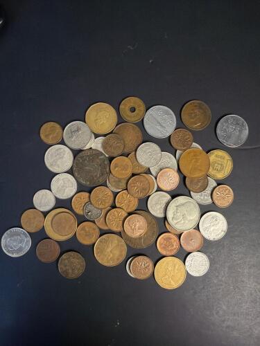 Mixed World Coins and Tokens Including Canadian Cents