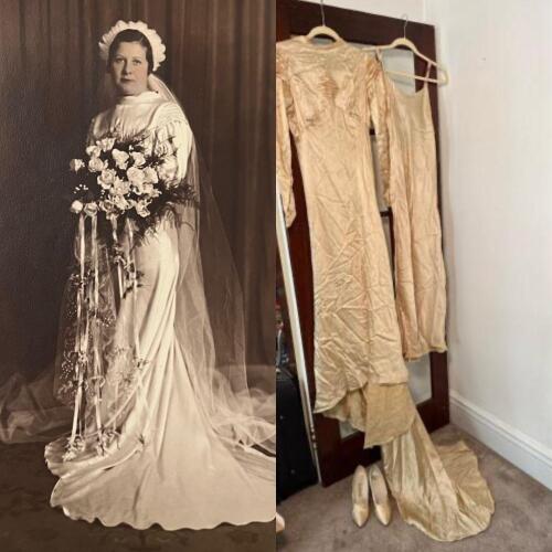Vintage Handmade Satin Wedding Dress with Slip and Shoes