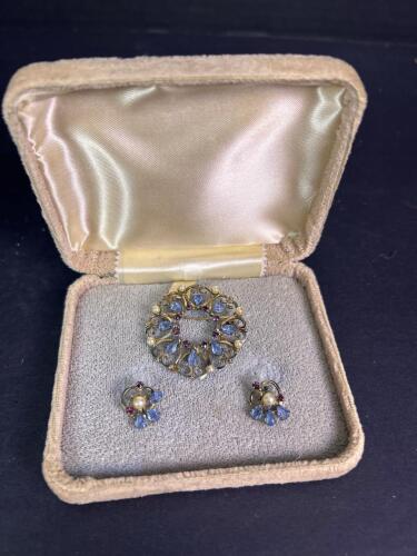 Vintage Brooch and Earrings Set with Faux Pearl, Blue and Purple Stones