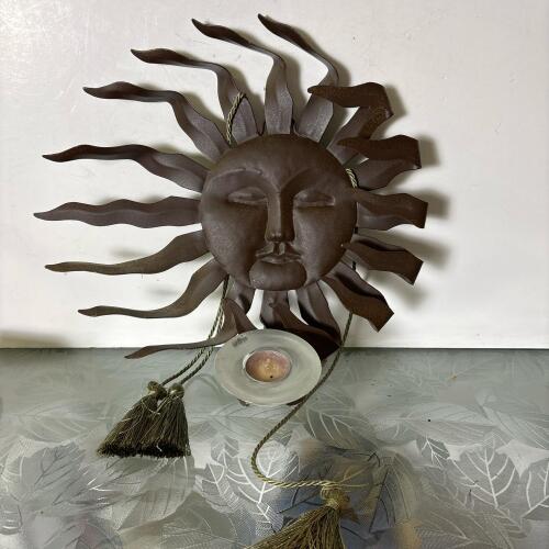 Metal Sun Face Wall Hanging with Tealight Candle Holder