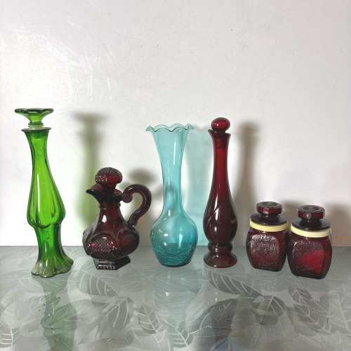 Lot of Colored Glass Bottles & Vases