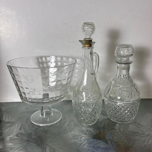 Circle Geometrix Trifle Bowl & 2 Pressed Glass Decanters