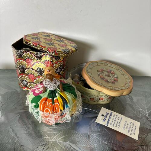 Vintage Sewing Tins and Bagshaws St. Lucia Pincushion Doll