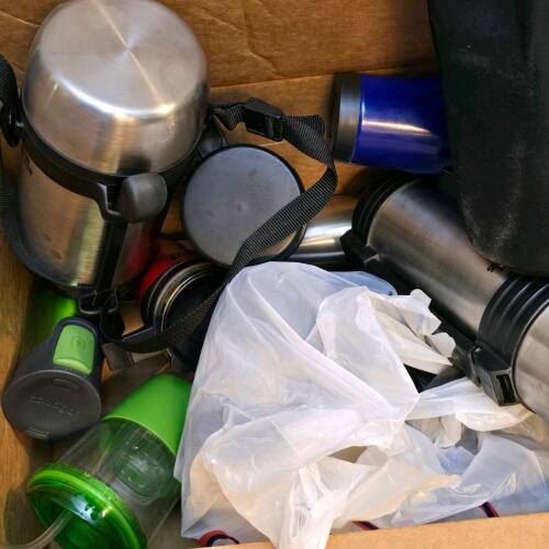Assorted Travel Mugs, Thermoses, and Bottles