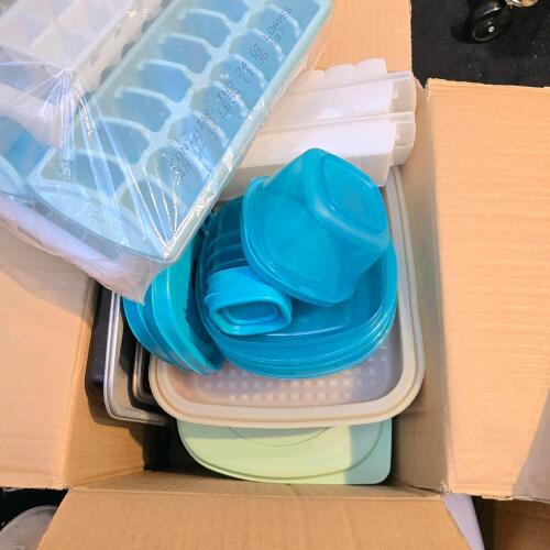 Box of Assorted Plastic Food Storage Containers and Trays