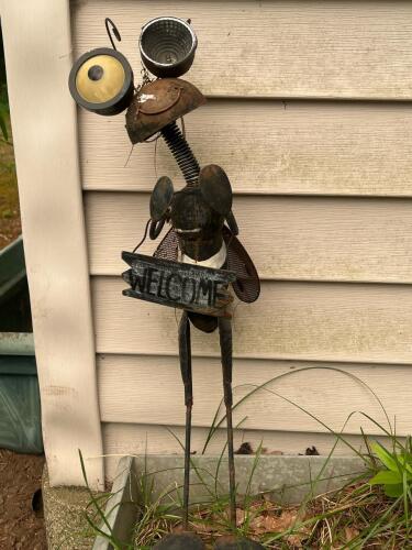 Whimsical Metal Ladybug Solar Garden Statue with "WELCOME" Sign
