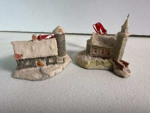 Pair Lowell Davis Snow Village House and Church Ornaments