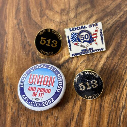 Four RWDSU Local 513 Union Pins and Button