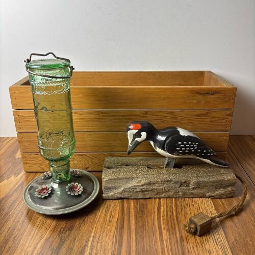 Woodpecker Door Knocker & Green Glass Hummingbird Feeder