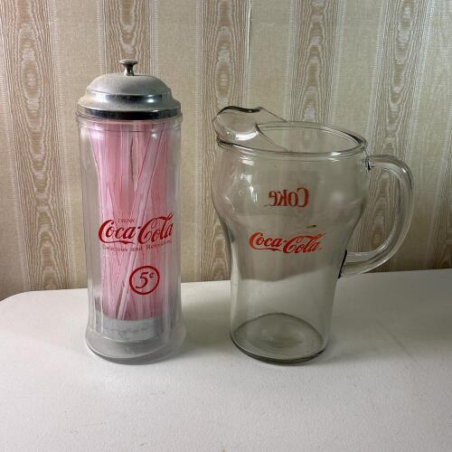 Vintage Coca-Cola Straw Dispenser and Glass Pitcher