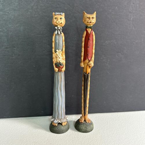 Pair of Painted Wooden Folk Art Cat Figurines