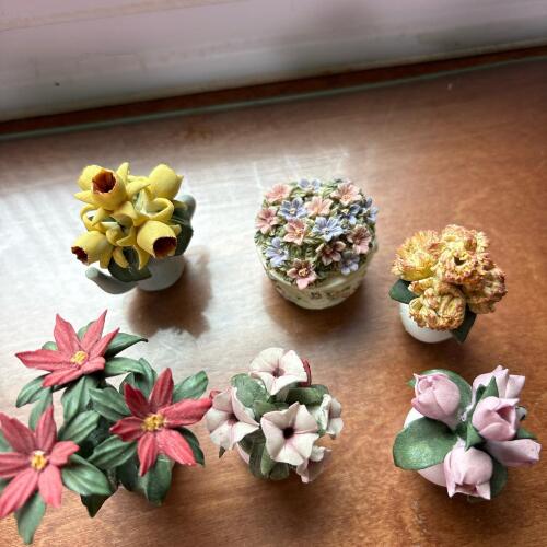 Collection of Six Tiny Ceramic Floral Arrangements