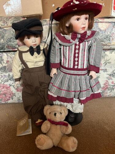Pair of Franklin Heirloom Porcelain Dolls and Small Articulated Stuffed Bear