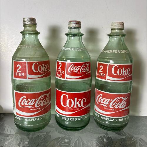 Three Vintage Coca-Cola 2 Liter Glass Bottles