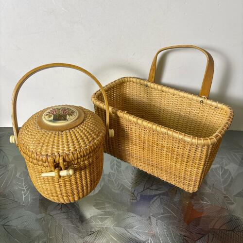 Two Woven Baskets, One Nantucket Style with Decorative Floral Lid