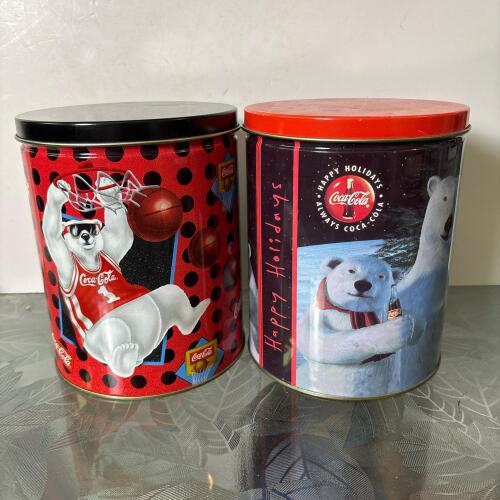 Two Coca-Cola Polar Bear Holiday & Basketball Tin Containers