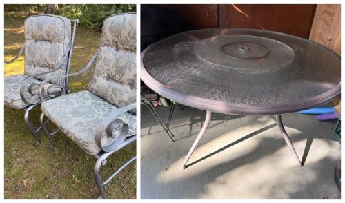 Large Round Patio Table with Pair of Chairs and Cushions