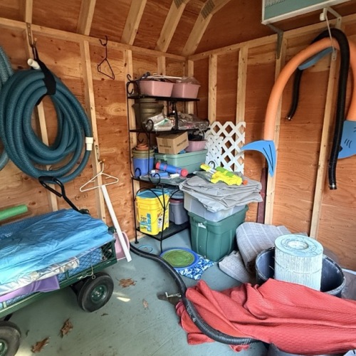Pool and Garden Shed Lot with Baker's Rack and Metal Wagon