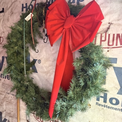 Artificial Holiday Wreath with Red Bow and Lights