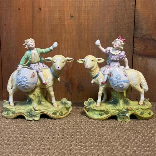 Pair of Adorable Porcelain Boy and Girl on Sheep Figurines