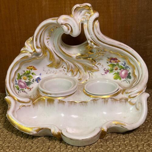 Rococo-Style Porcelain Inkstand with Gilt and Floral Decoration