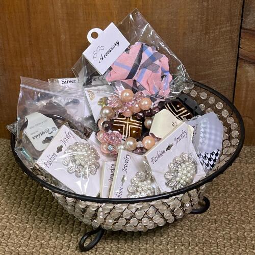 Assorted Costume Jewelry and Accessories in Beaded Basket