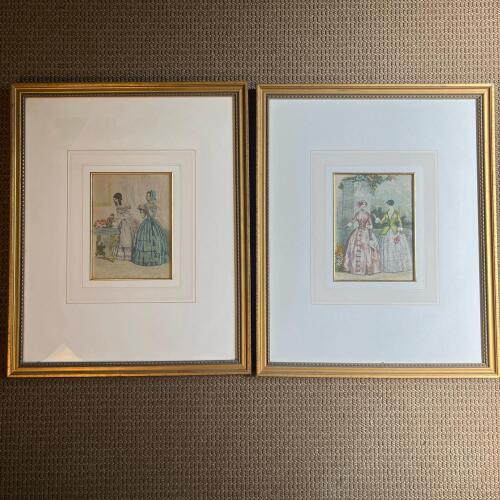 Pair of Framed Victorian-Style Embroidered Fashion Prints