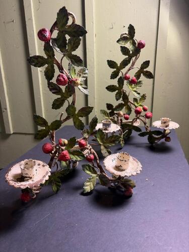 Pair of Tole Strawberry-Style Metal Candleholders
