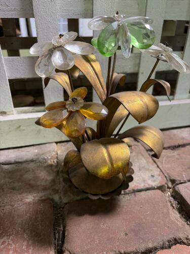 Metal Floral Table Sculpture With Faceted Glass Flowers