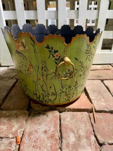 Hand-Painted Metal Planter With Scalloped Rim and Ring Handles