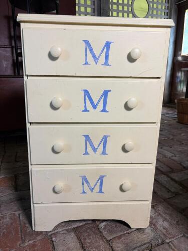 Vintage Four-Drawer Cream Painted Chest in Folk Style