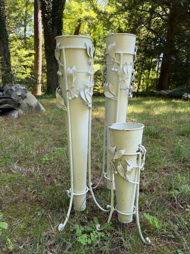 Three Vintage Wrought Iron Floral-Decorated Plant Stands