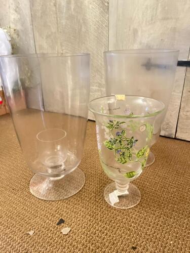 Trio of Clear vases and Painted Vase