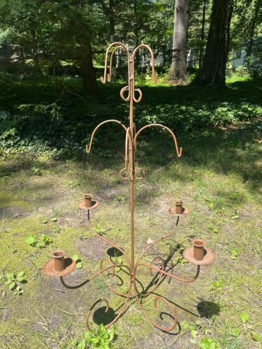 Wrought Iron Rust-Finish Candle Holder with Scrollwork Arms