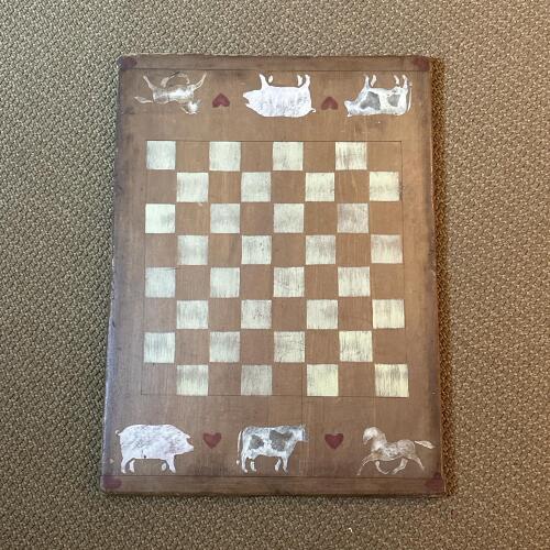 Wood Folk Art Checkerboard Game Board - Farm Animal Motif