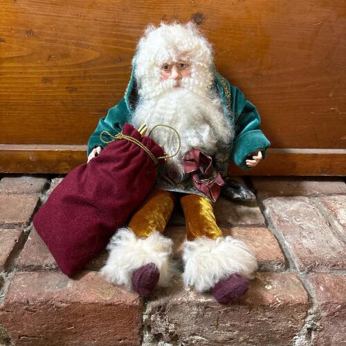 Vintage Santa Claus Doll with Green Robe and Gift Sack