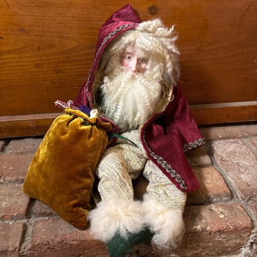 Vintage Santa Claus Doll with Burgundy Hooded Robe and Gift Sack