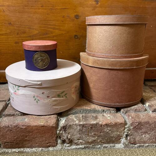 Two Half-Round Hat Boxes and Two Decorative Round Storage Boxes