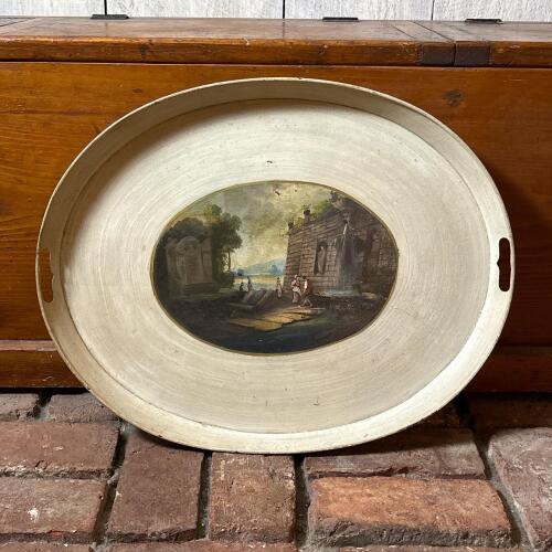 Vintage Oval Serving Tray with Classical Landscape Print