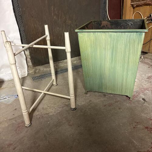 Green Metal Planter and Vintage Wooden Stand