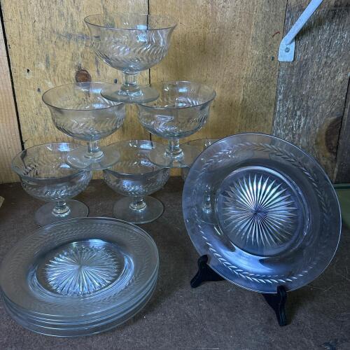 Cut Glass Dessert Cups and Plates with Etched Leaf Pattern - Twelve Piece Set