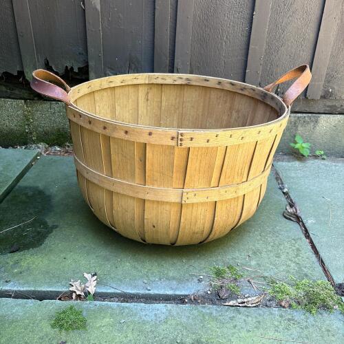 Large Wooden Farm Basket with Leather Handles
