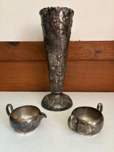 Silver on Copper Vase and Creamer Bowls