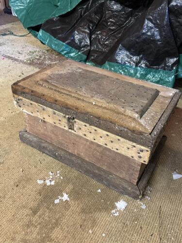 Antique Wooden Chest Filled with Assorted Ceramic Tiles