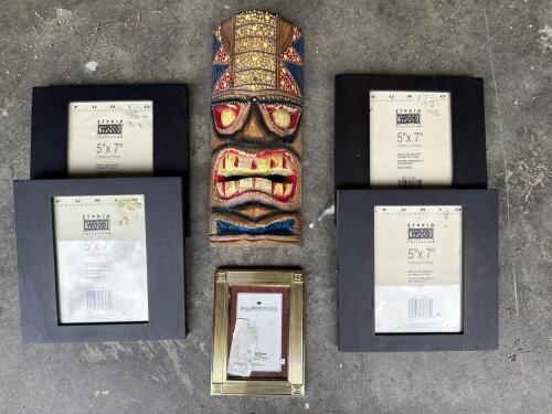 Black Wood and Brass Photo Frames with Carved Tiki Mask Wall Art