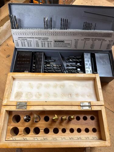 Assorted Drill Bits and End Mills with Wood and Metal Cases