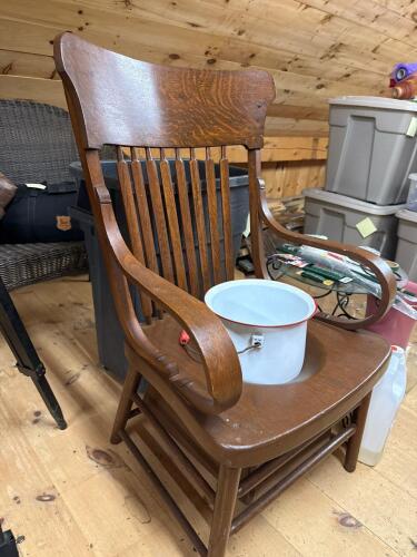 Wooden Commode Chair With Slat Back and Armrests