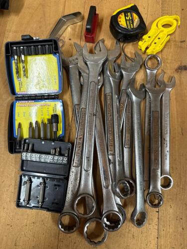 Assorted Hand Tools Including Wrenches, Bit Sets, and Tape Measure