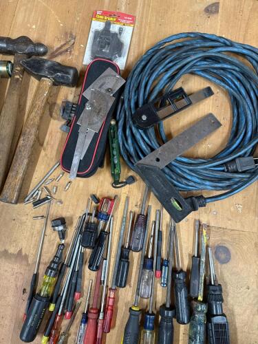 Assorted Hand Tools Including Screwdrivers, Hammers, Levels, Protractor